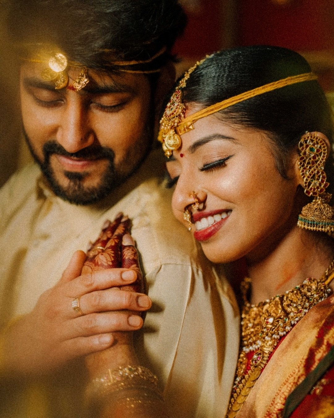A newlywed couple sharing an intimate moment